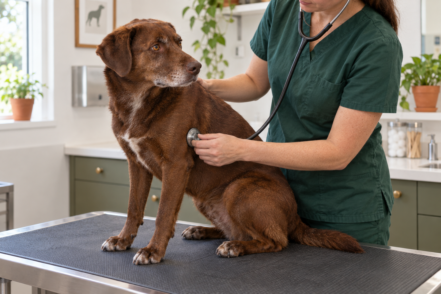 Majitelka doma kontroluje dýchání psa po veterinární narkóze